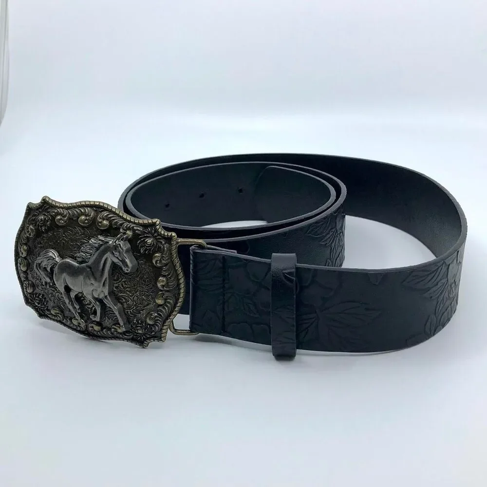 Women's Black Embossed Western Horse Buckle Belt, 28.5–39.5 Inches, X7G9A1018
